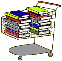 winkelwagen met boeken in de bibliotheek