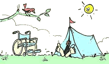 camping, tent met invalide en rolstoel